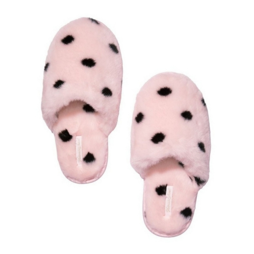 VS Angel Pink Black Polka Dot Closed Toe Faux Fur Slippers Slides Medium 7/8